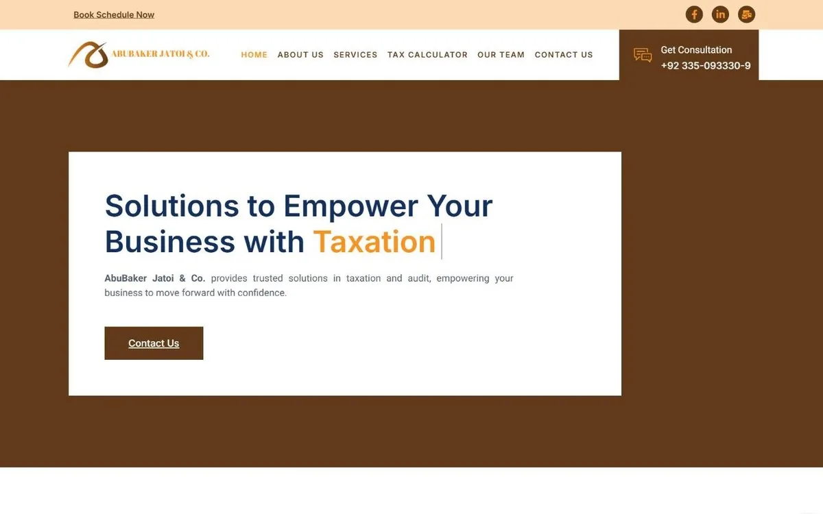 AbuBaker Jatoi & Co. website homepage designed by Devnius