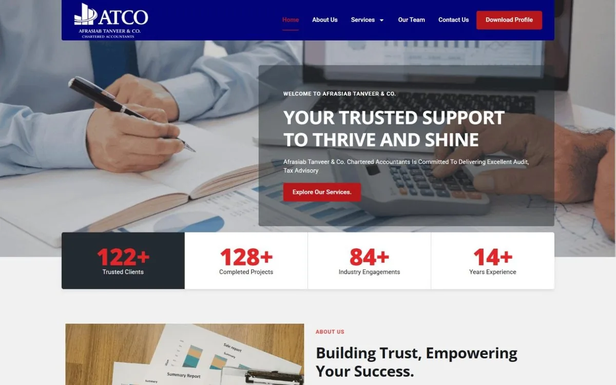 Afrasiab Tanveer & Co. (ATCO) website homepage designed by Devnius