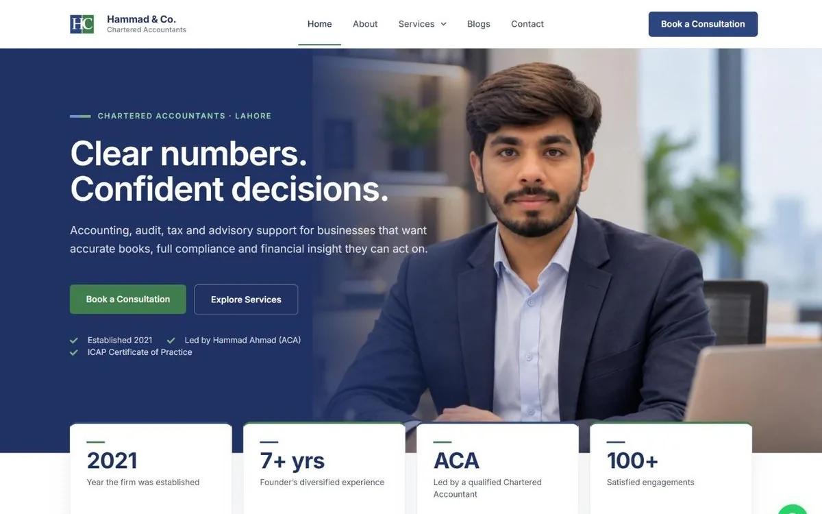 Hammad & Co. website homepage designed by Devnius